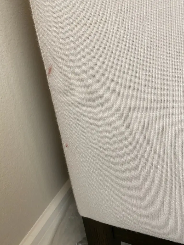 The same chair before cleaning, with a stain on the fabric