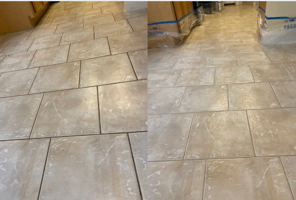 Tile and grout after a renovation, dirty on the left and clean on the right